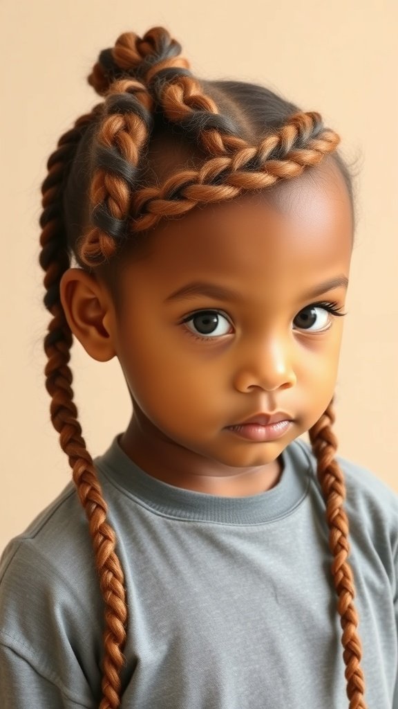 A young child with honey brown knotless braids styled in a playful manner.