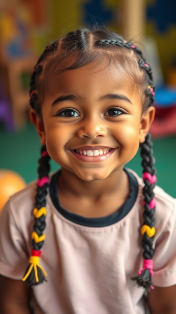 A smiling child with colorful knotless braids, showcasing a cheerful hairstyle.