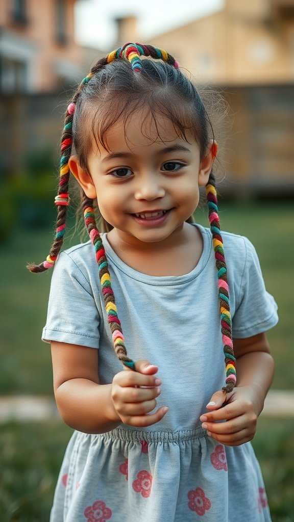 A smiling child with colorful knotless braids, enjoying the outdoors.