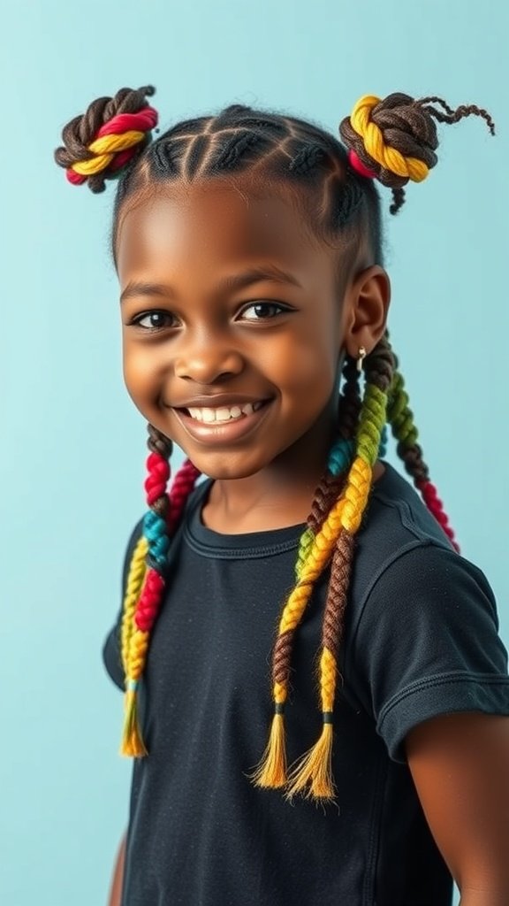 A young girl smiling with colorful knotless braids styled in playful pigtails.