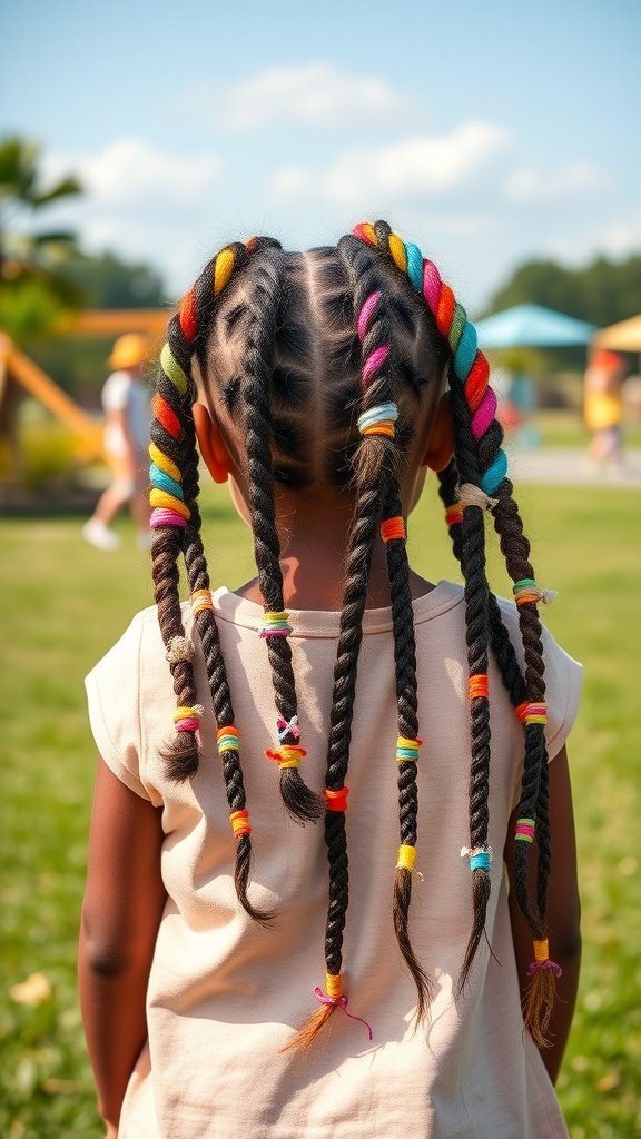 A young girl with colorful knotless braids enjoying a sunny day.
