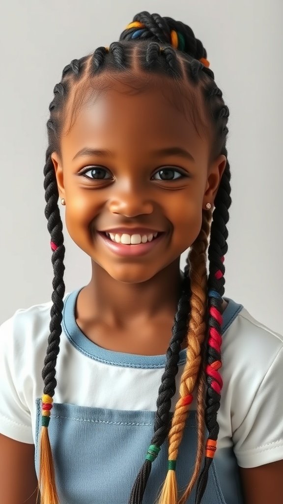 A young girl smiling with colorful knotless braids and beads.