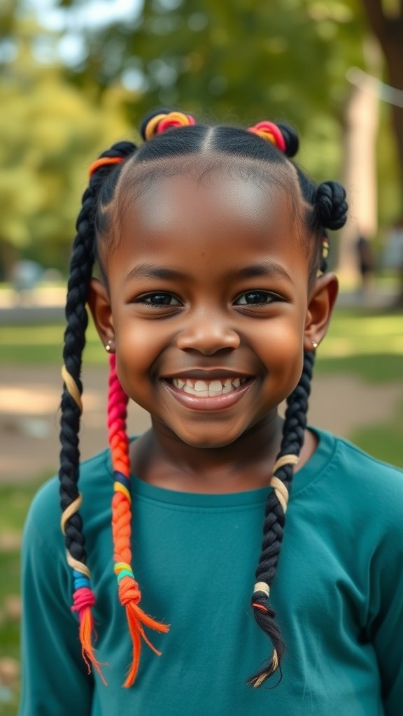 A young girl smiling with colorful knotless braids in a park