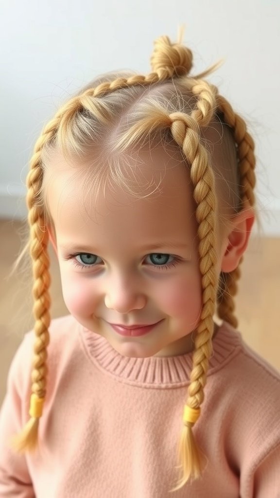 A young child with honey blonde knotless braids styled in a playful way.