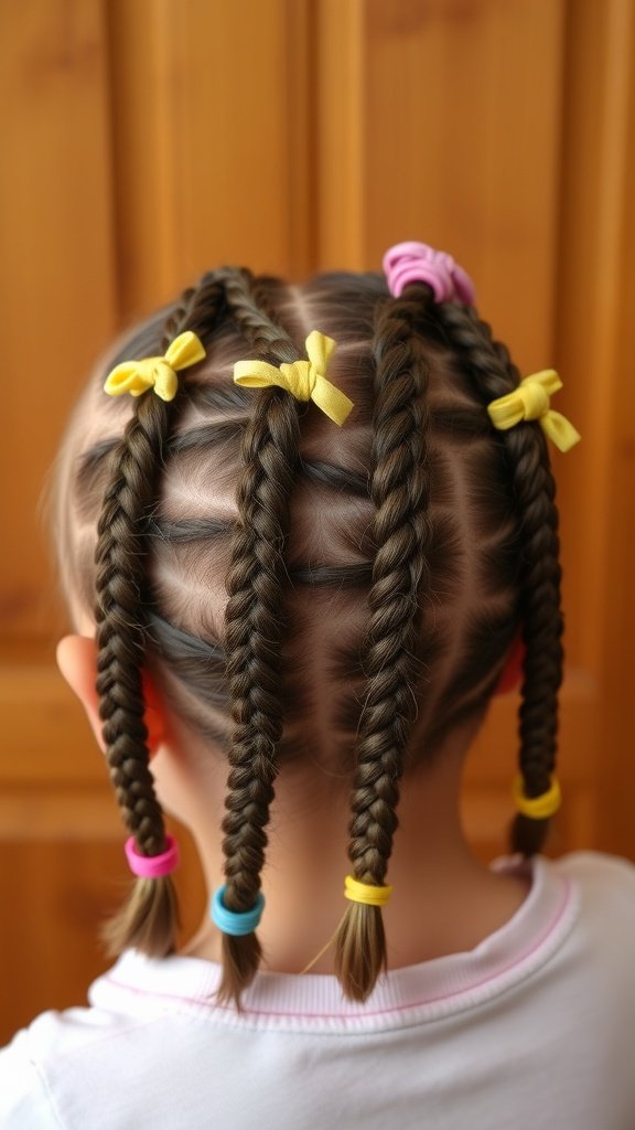 A child's back view with colorful knotless braids styled with bows.