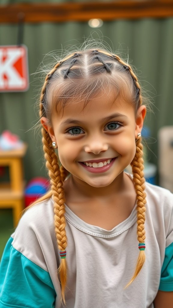 A young girl smiling with honey blonde knotless braids, showcasing a playful and stylish hairstyle.
