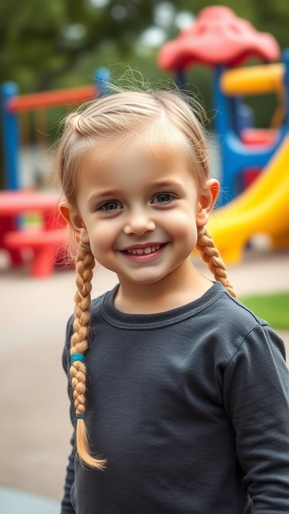 A young girl with two cute braids smiling at the playground.