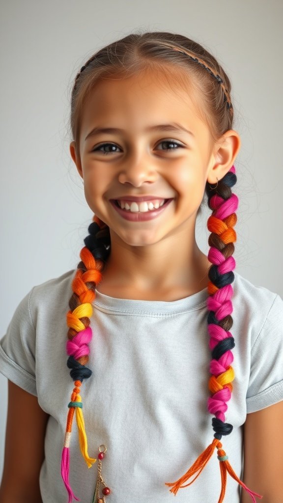 A young girl smiling with colorful knotless braids in pink, orange, and black.