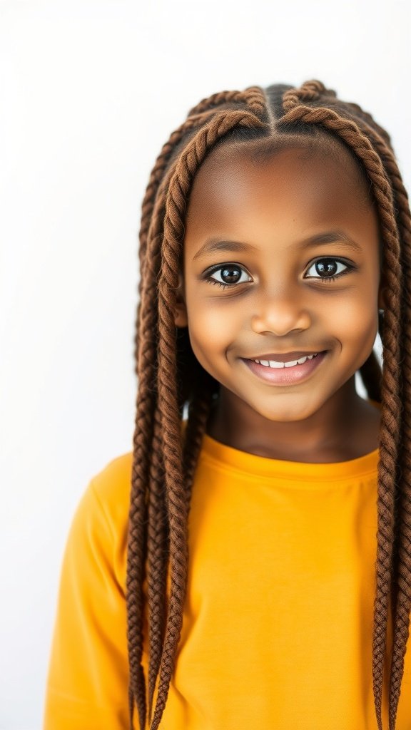 A young girl with brown knotless braids smiling in a yellow shirt.