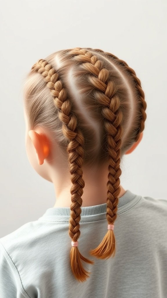 A young girl with two neat braided pigtails, showcasing knotless braids.