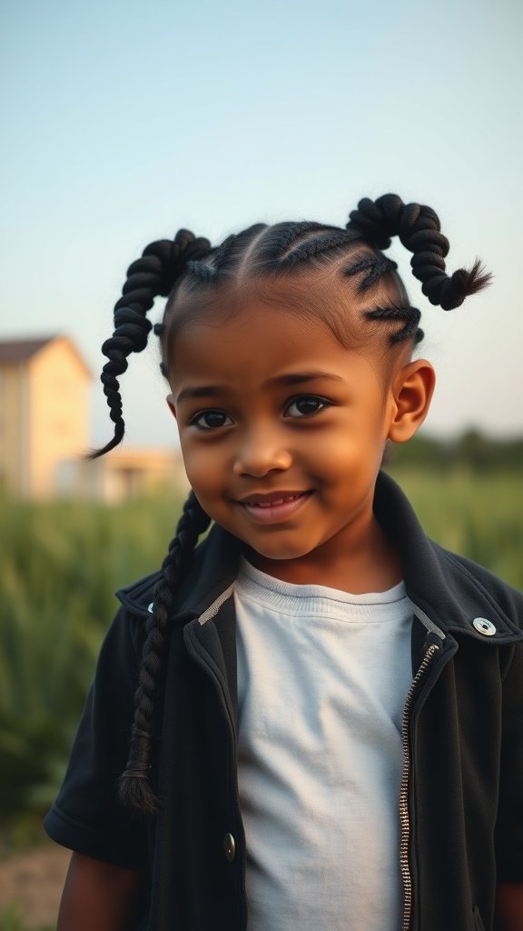 A young girl with knotless braids, smiling in a field.