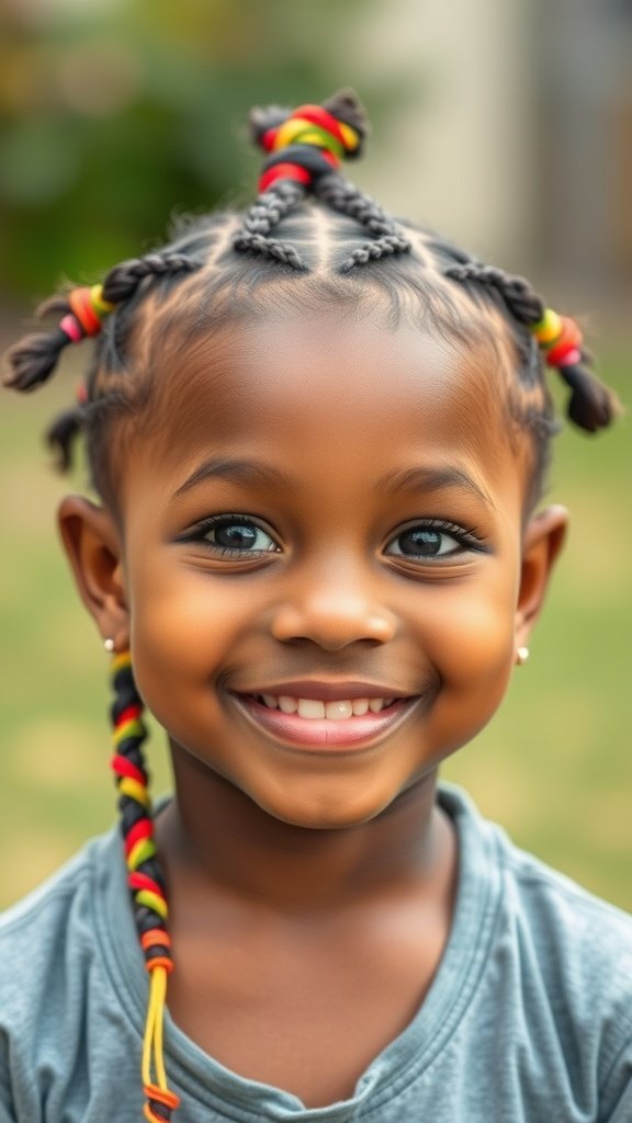 A smiling child with colorful knotless braids, showcasing a fun and playful hairstyle.