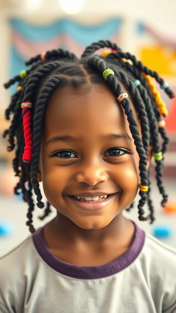 A smiling child with knotless braids and colorful beads, showcasing a playful hairstyle.