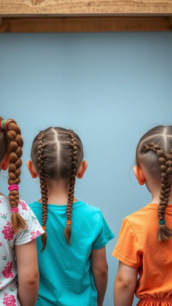 Three children with colorful knotless braids, showcasing different styles and colors.