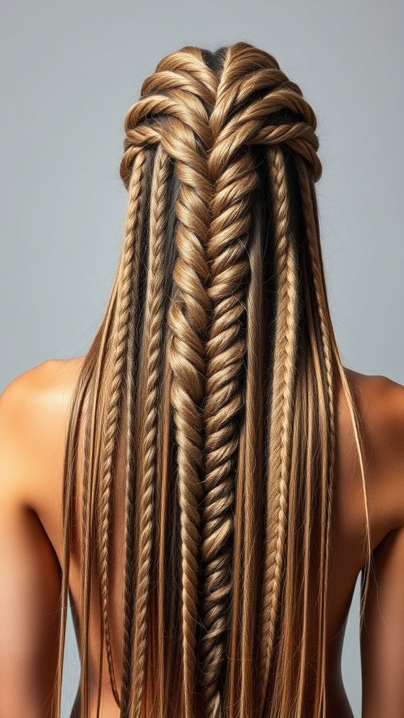 A back view of a woman with small knotless braids styled elegantly, showcasing a blend of colors and neat patterns.