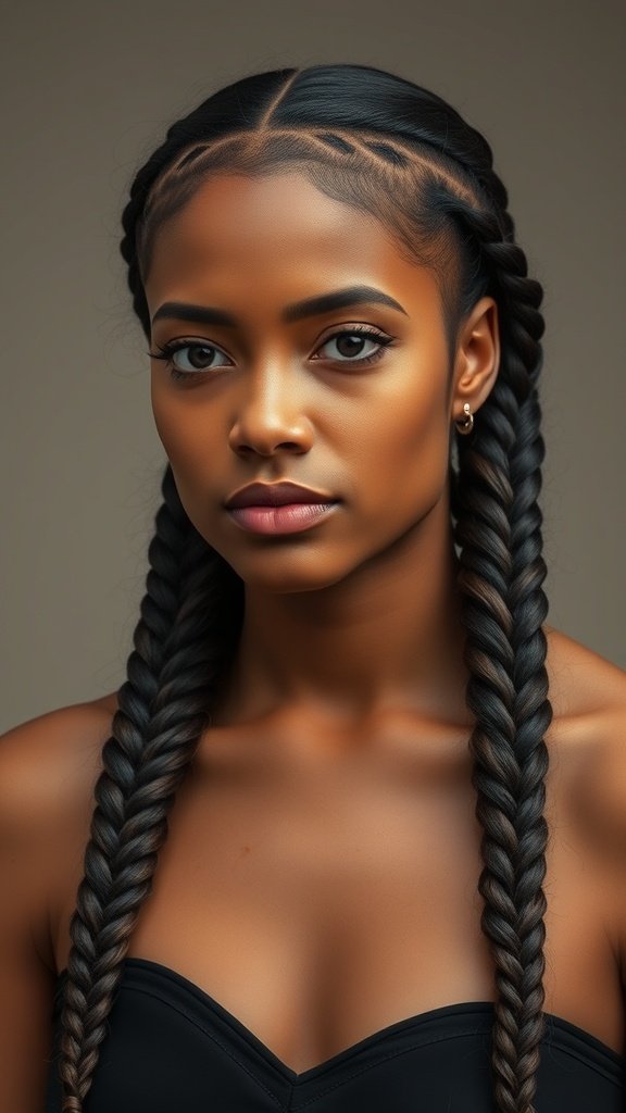A woman with long knotless braids styled with curly ends, showcasing a beautiful and natural look.
