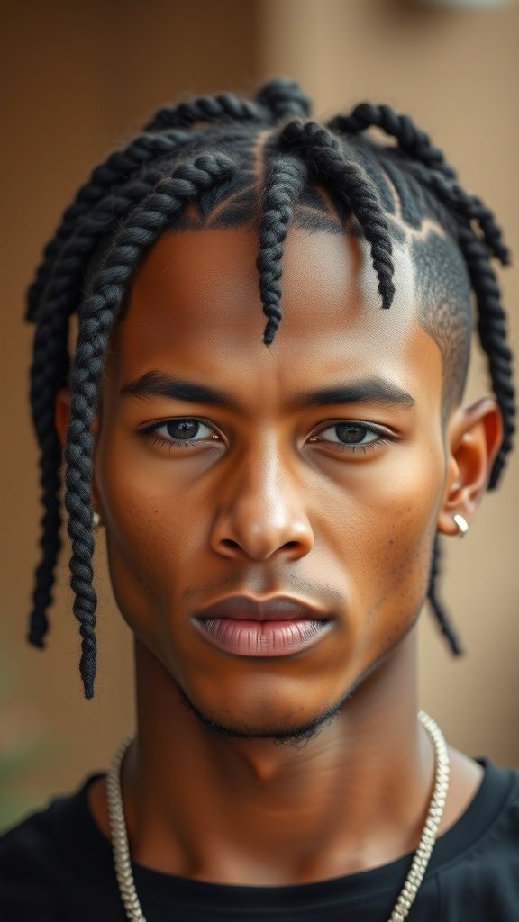 A young man with knotless braids, showcasing a modern tribal hairstyle.