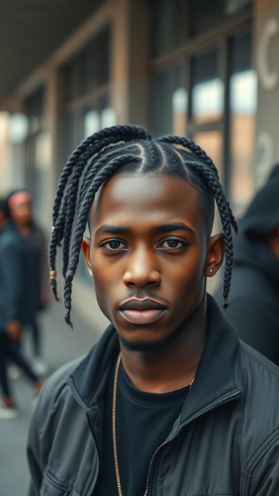 A young man with stylish knotless braids, showcasing a modern hairstyle.