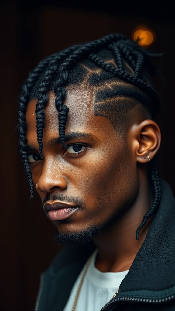 A close-up of a man with xs knotless braids, showcasing intricate patterns and a stylish look.