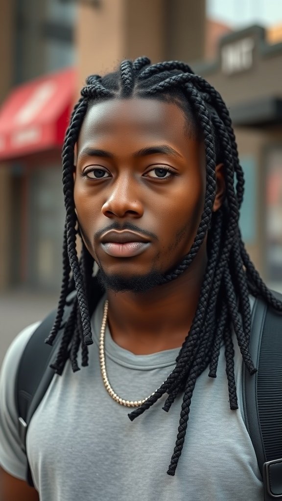 A man with xs knotless braids, showcasing a stylish and protective hairstyle.