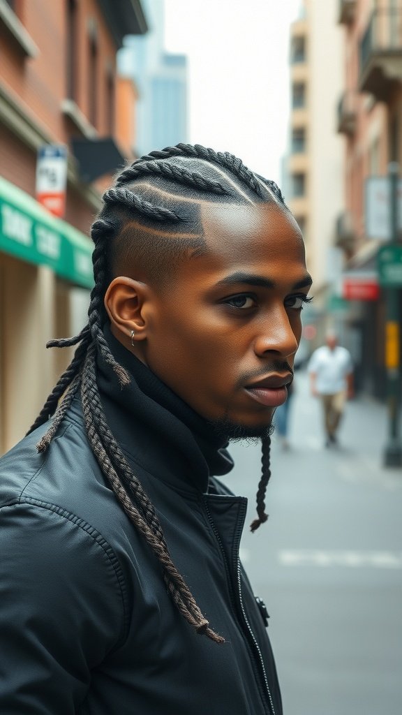 A young man with brown knotless braids, wearing a black jacket, standing in an urban setting.