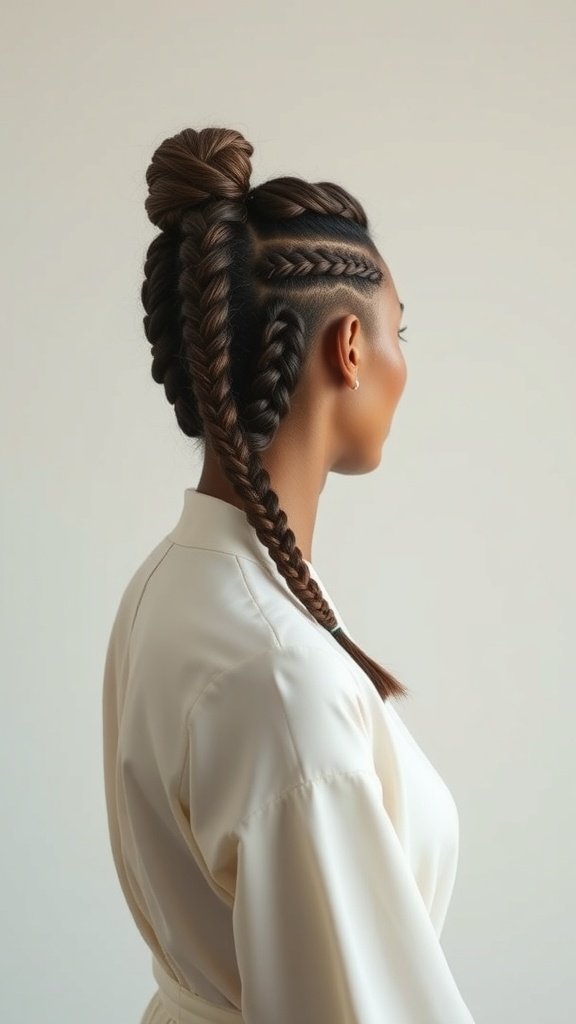 A woman with stylish short knotless braids styled in a bun, showcasing a modern and minimalist look.