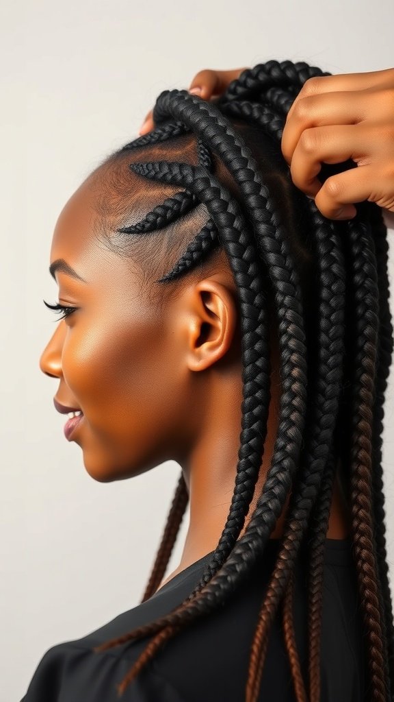 A close-up of a woman getting knotless braids styled, showing neat sections and braids.