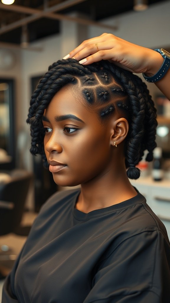 A woman with short knotless braids styled beautifully in a salon.