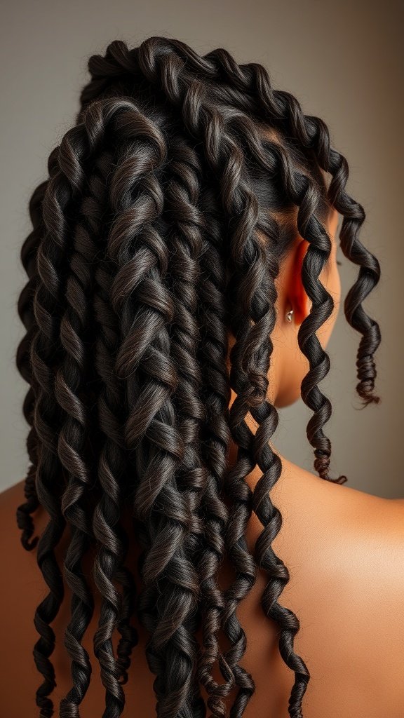 A close-up view of knotless braids transitioning into curls, showcasing a stylish and vibrant hairstyle.