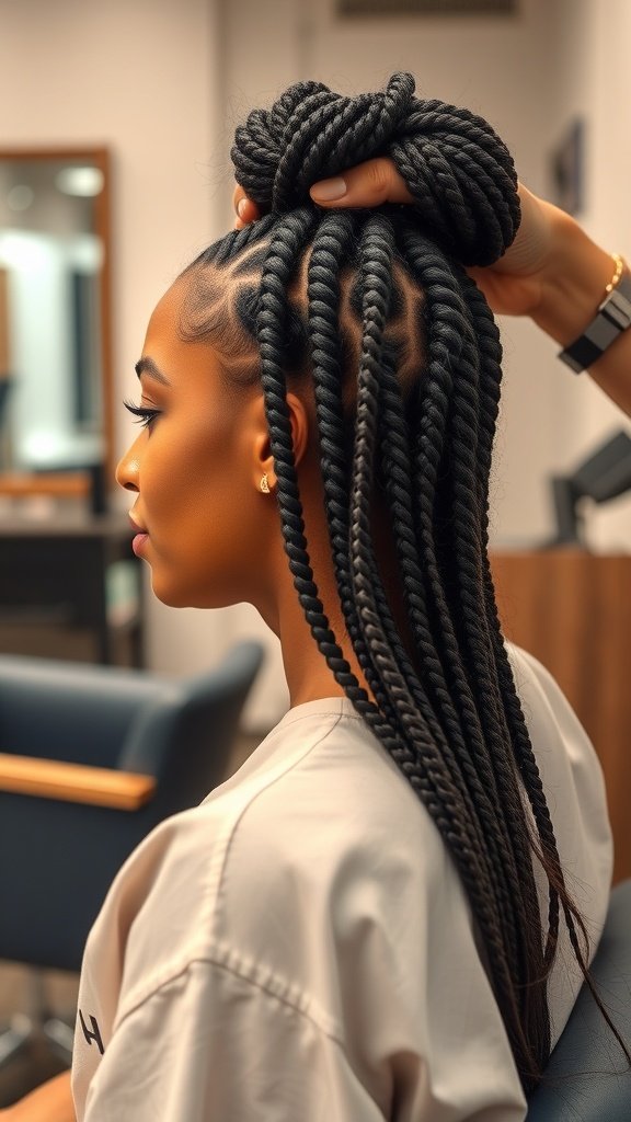A woman with knotless braids styled in a half-up, half-down look, showcasing the elegance and versatility of boho knotless braids.