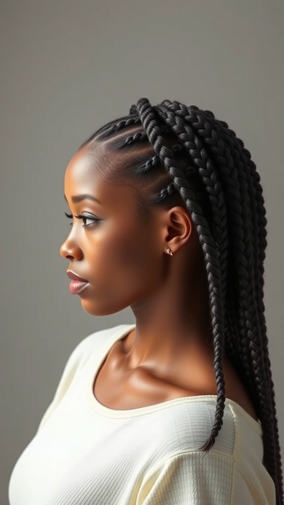 A woman with knotless braids styled elegantly, showcasing the beauty of natural hair.
