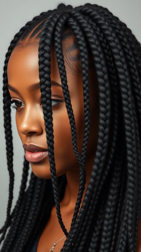 A close-up of a woman with knotless braids, showcasing the neat and stylish look of the hairstyle.