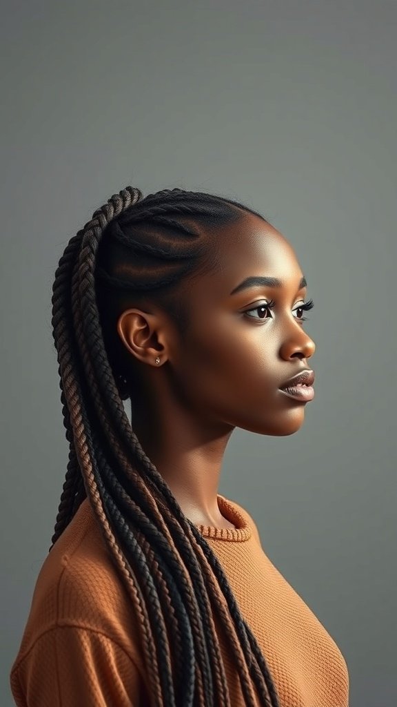 A profile view of a person with small knotless braids, showcasing a neat and stylish hairstyle.