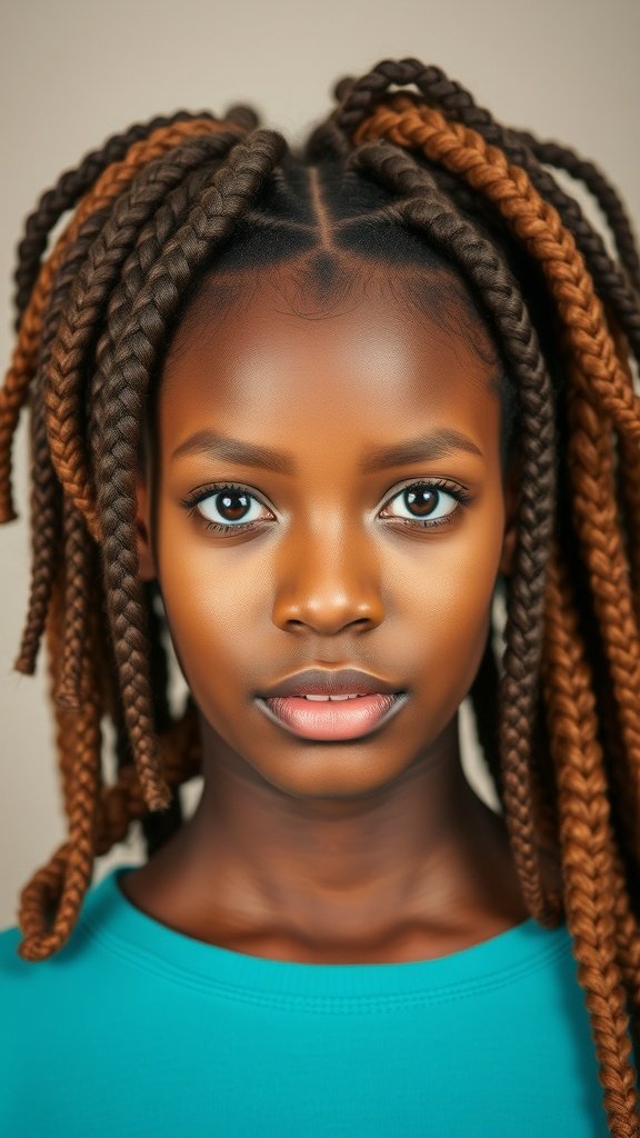 A close-up of a person with small boho knotless braids, showcasing a stylish and protective hairstyle.