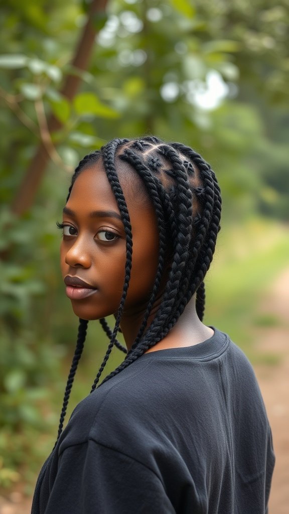 A woman with short boho knotless braids, showcasing a stylish and protective hairstyle.