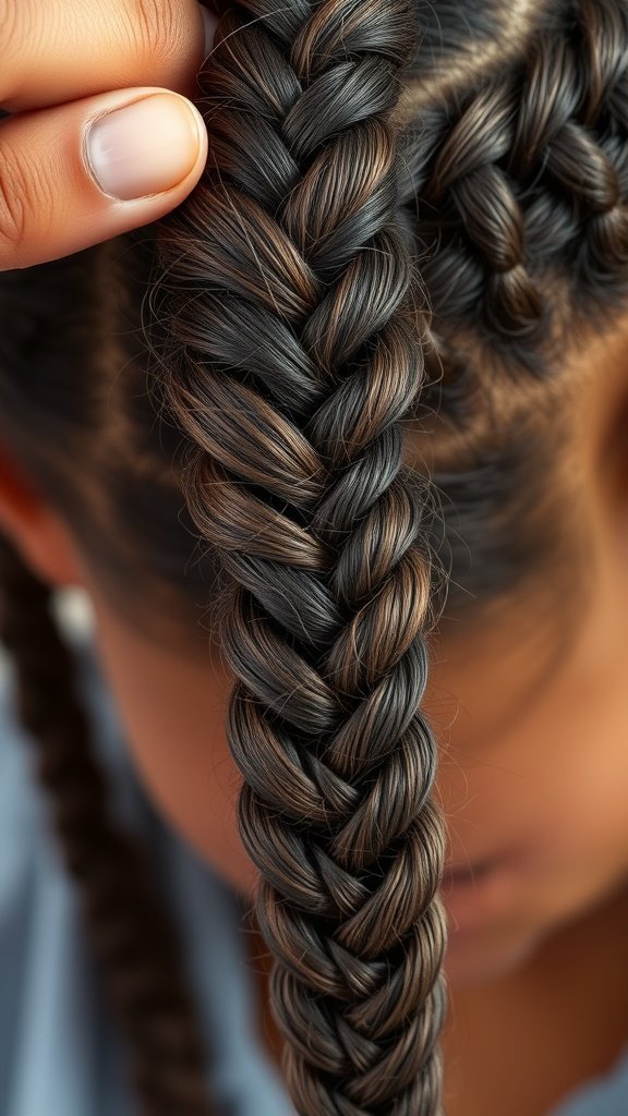 Close-up of a beautifully braided knotless braid hairstyle.