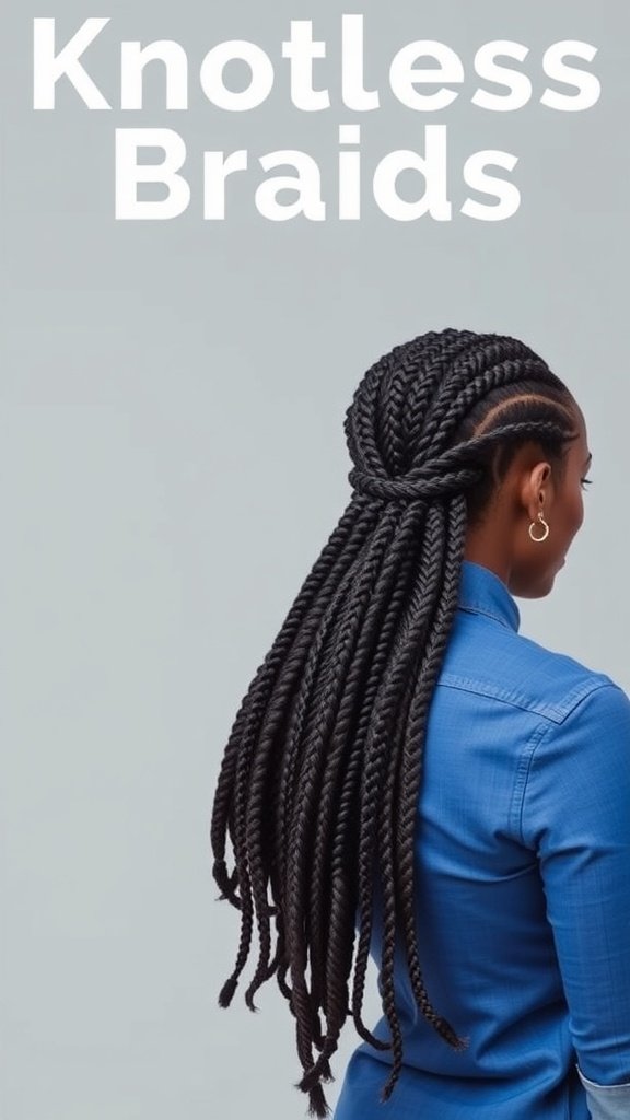 A woman showcasing beautiful knotless braids styled elegantly.
