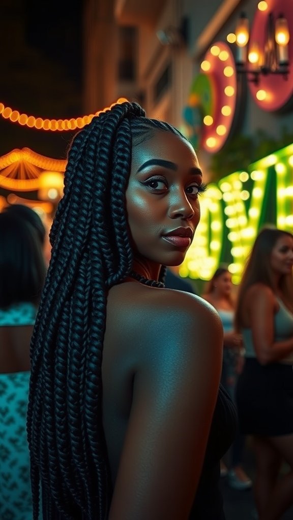 A woman with long knotless braids, standing confidently in a vibrant night setting.