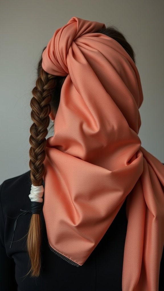 A woman with a braided hairstyle covered with a soft scarf, showcasing nighttime hair care.