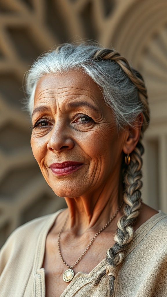 An older woman with small boho knotless braids, showcasing a stylish and elegant hairstyle.