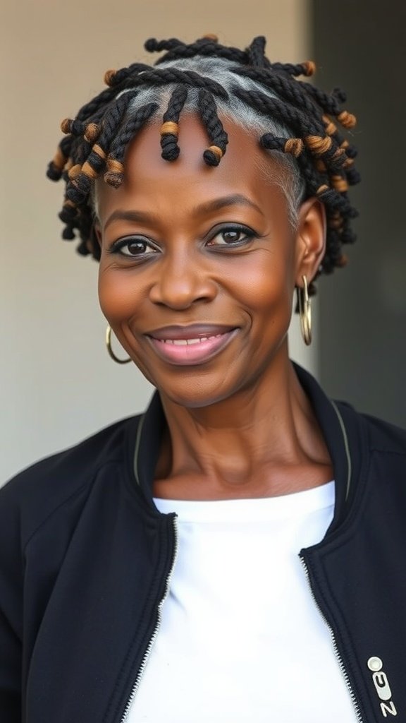 A woman with short knotless braids featuring curly ends, smiling confidently.