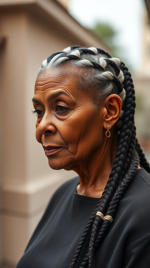 An older woman with stylish knotless braids, showcasing a chic hairstyle.