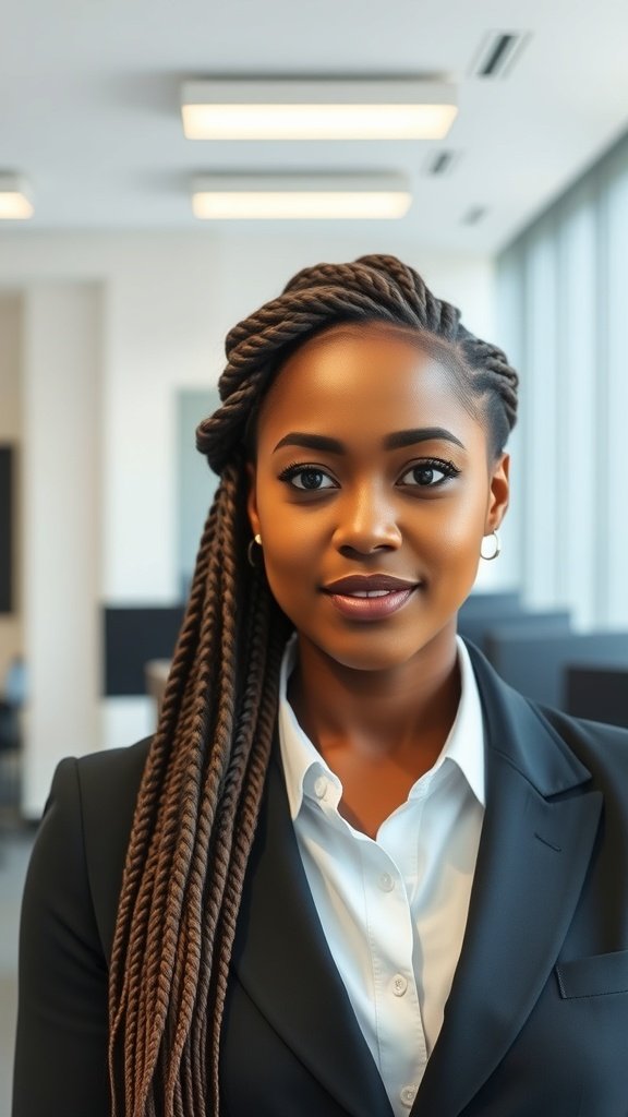 A professional woman with large knotless box braids in a business setting.