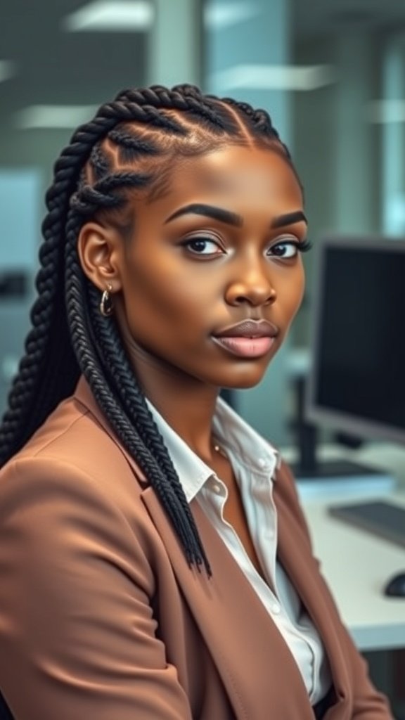 A woman with medium knotless box braids, dressed in professional attire, sitting at a desk in an office setting.
