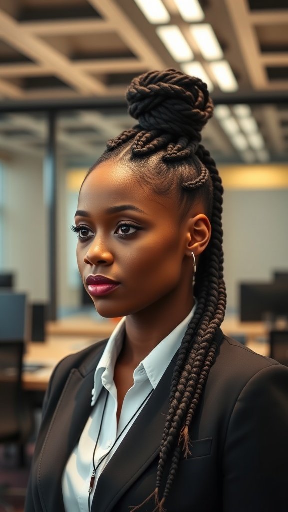 A professional woman with knotless braids styled in an office setting, wearing a suit.