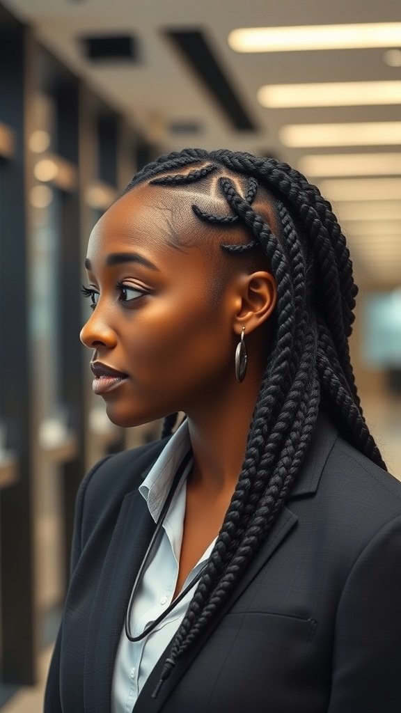 A woman in a professional outfit with small boho knotless braids bob hairstyle, looking confident in an office setting.