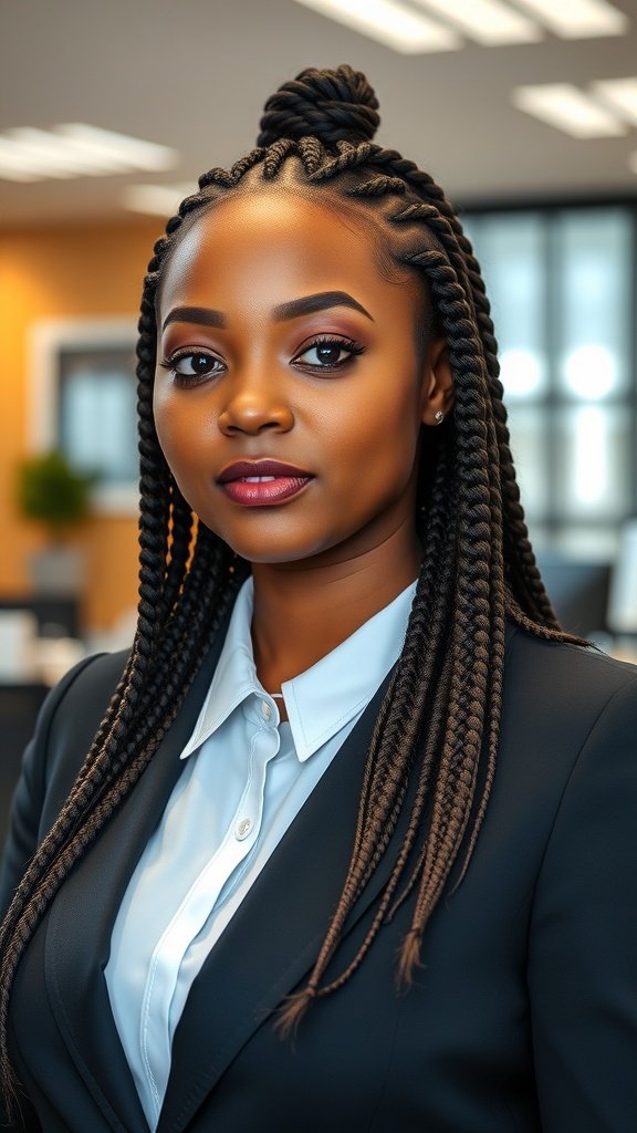 A professional woman with knotless braids in an office setting, showcasing a stylish and polished look.