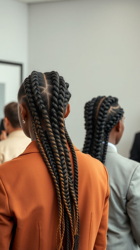Two individuals with long knotless braids styled for a professional setting, showcasing a sleek and polished look.