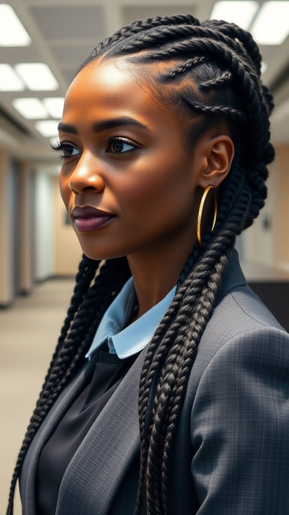 Woman with long knotless braids in a professional setting