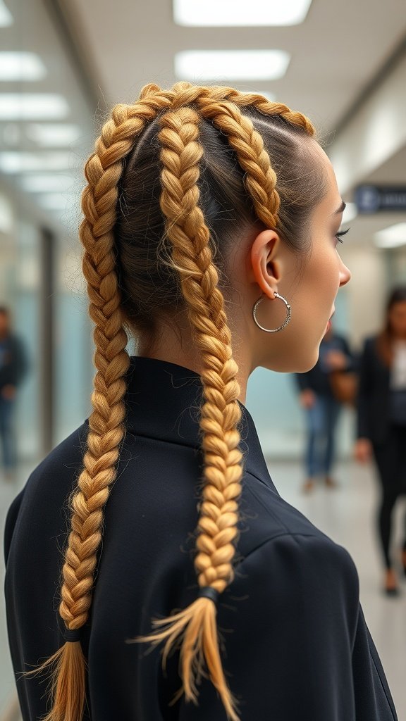A person with honey blonde knotless braids styled for a professional setting.